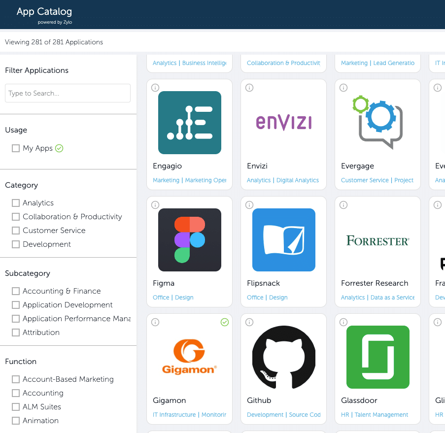 Zylo App Catalog allows employees to view all available applications