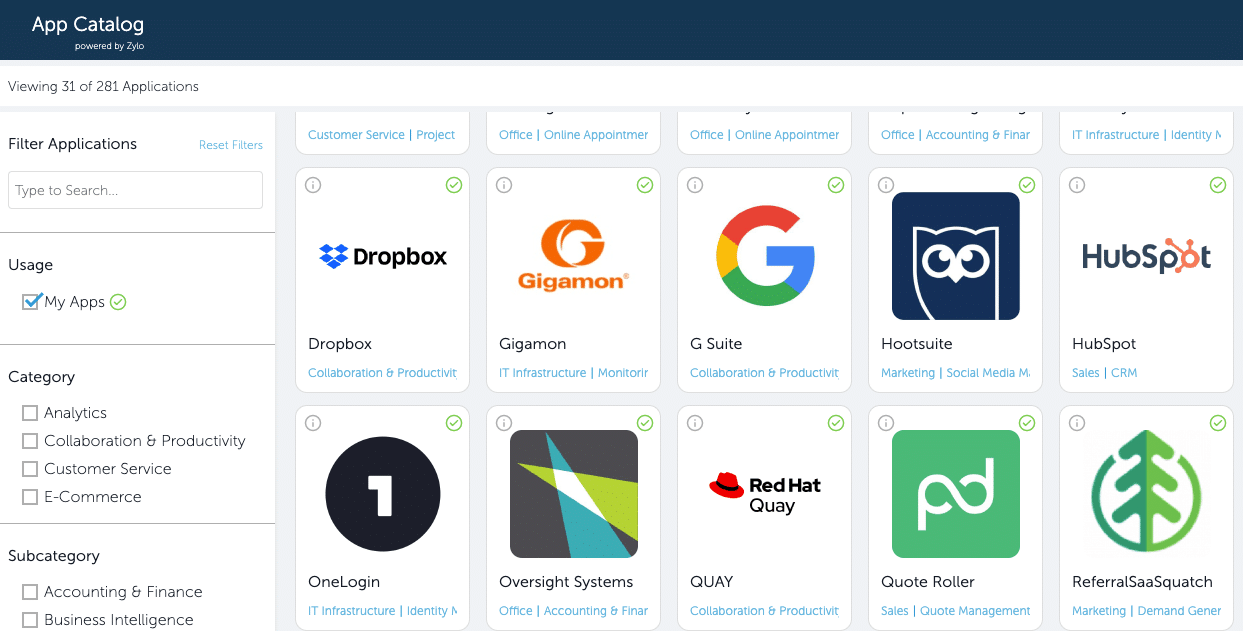Zylo App Catalog allows users to filter applications