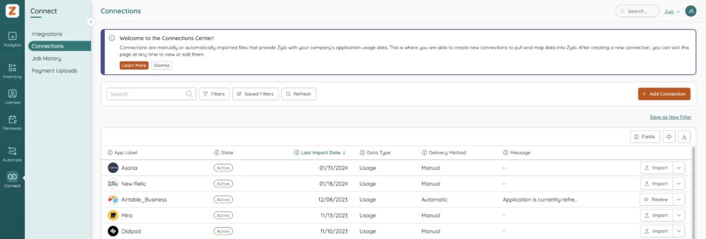 Connections Page in Zylo