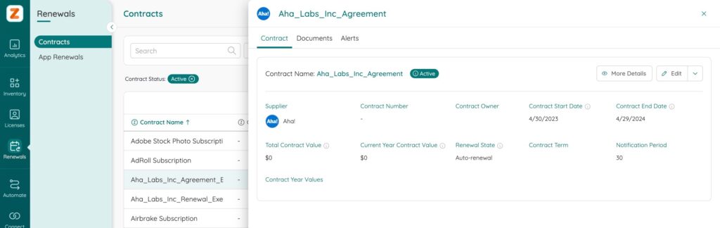 Aha Contract Page in Zylo