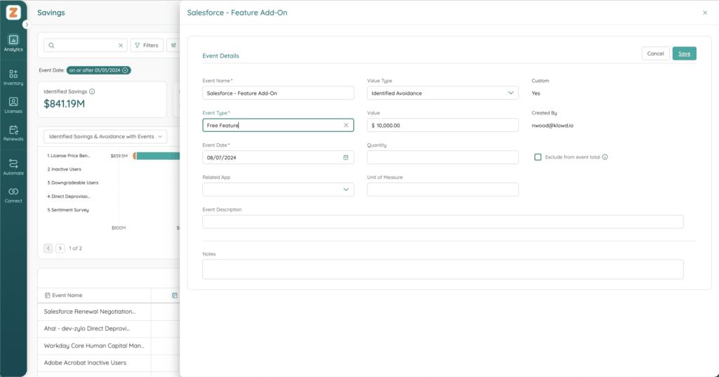 Create New Savings Event in Zylo - Salesforce Feature Add-On