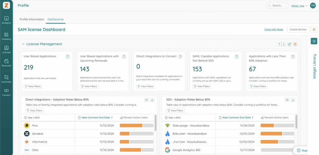 Zylo: SAM license dashboard in edit mode