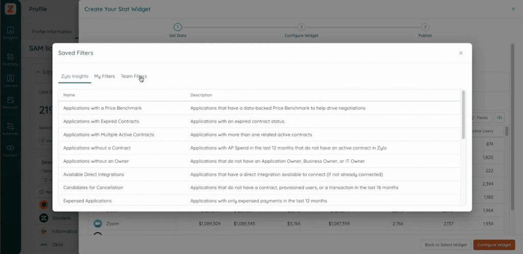 Zylo widget data source: Saved Filters