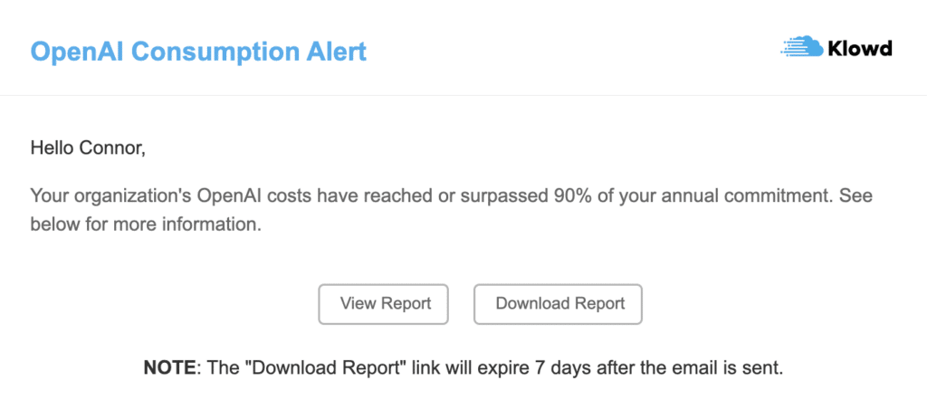 OpenAI API spend commitment threshold email alert via Zylo